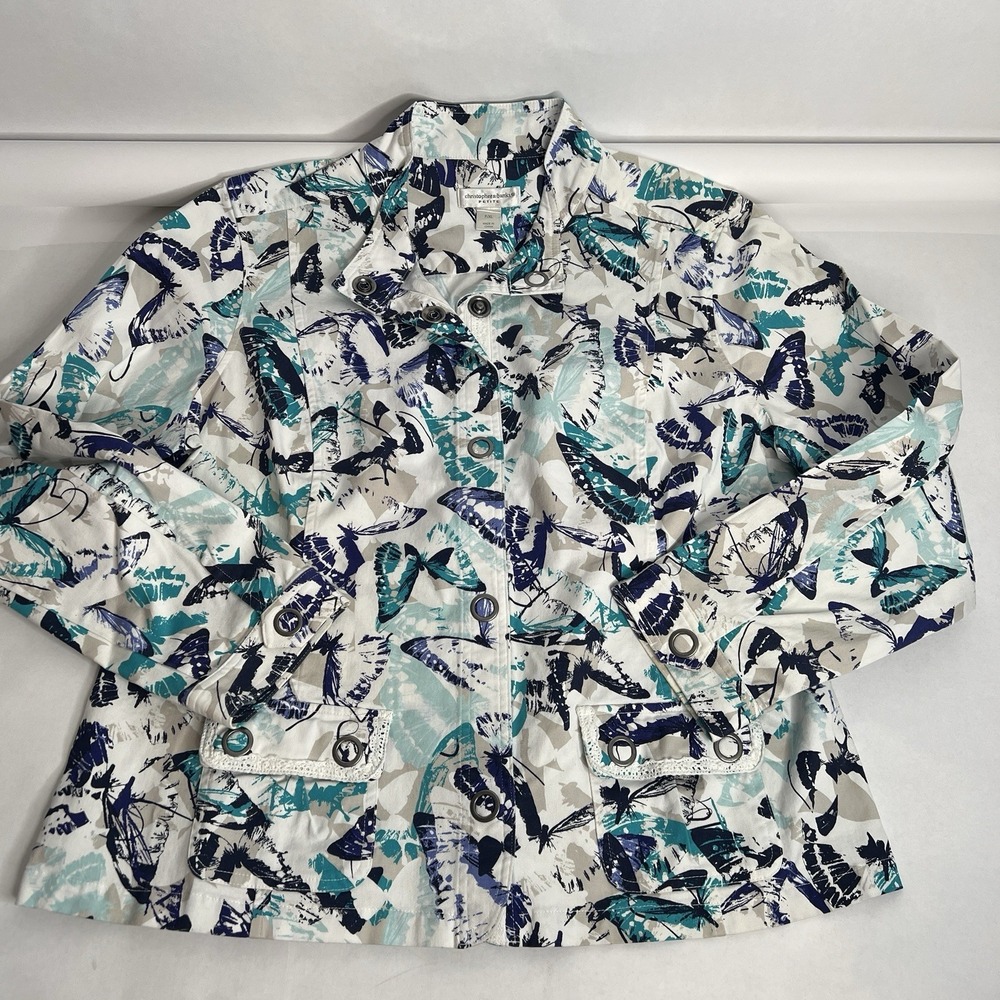Christopher & Banks Jacket Women Petite XL Long Sleeve Butterfly Print White